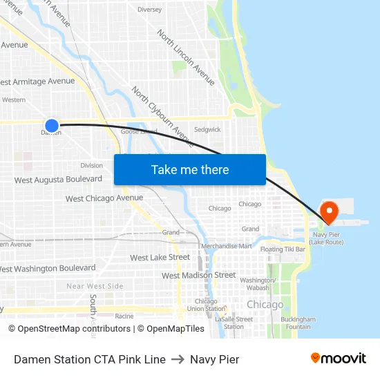 Damen Station CTA Pink Line to Navy Pier map