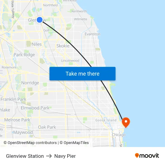 Glenview Station to Navy Pier map