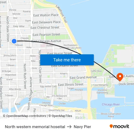 North western memorial hoseital to Navy Pier map