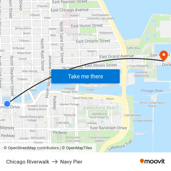 Chicago Riverwalk to Navy Pier map