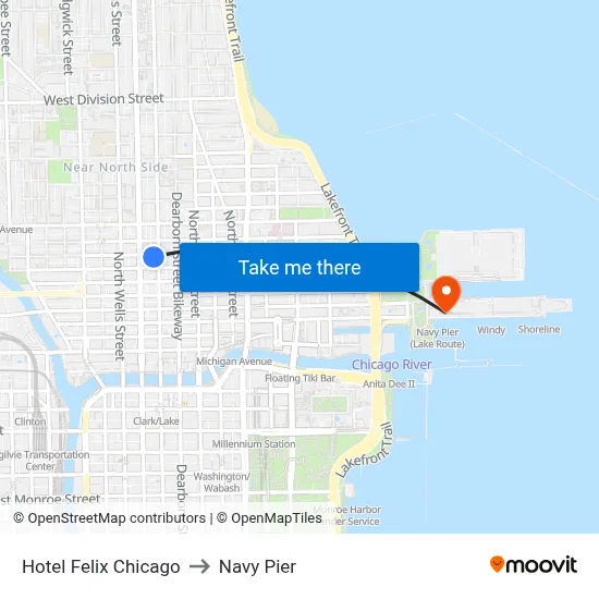 Hotel Felix Chicago to Navy Pier map