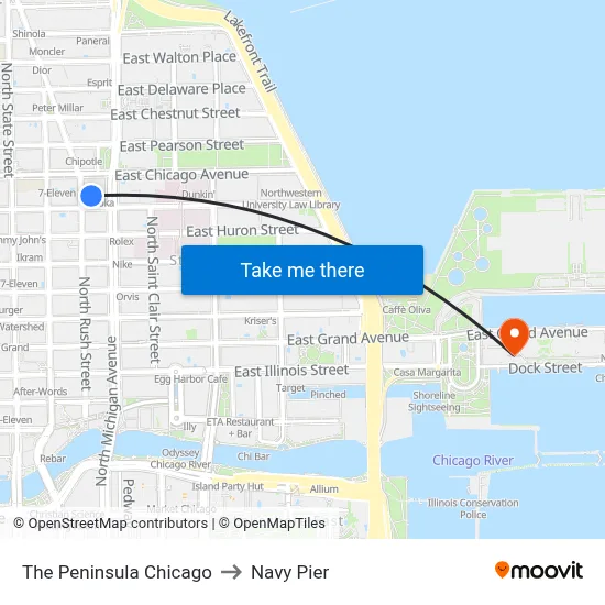 The Peninsula Chicago to Navy Pier map