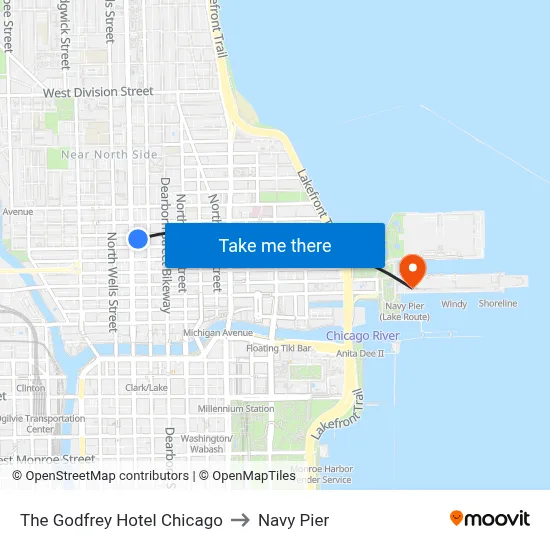 The Godfrey Hotel Chicago to Navy Pier map