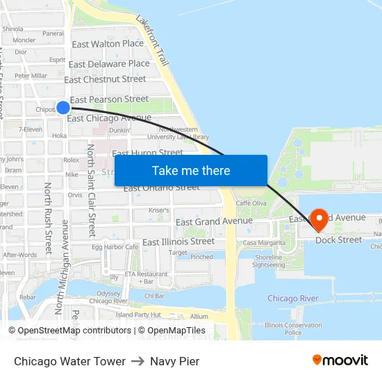 Chicago Water Tower to Navy Pier map