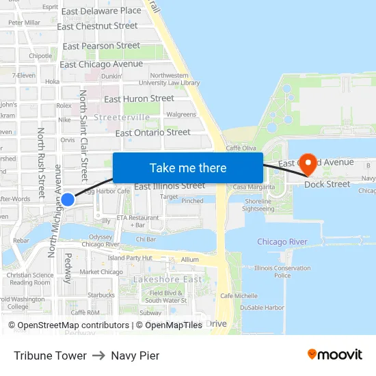 Tribune Tower to Navy Pier map