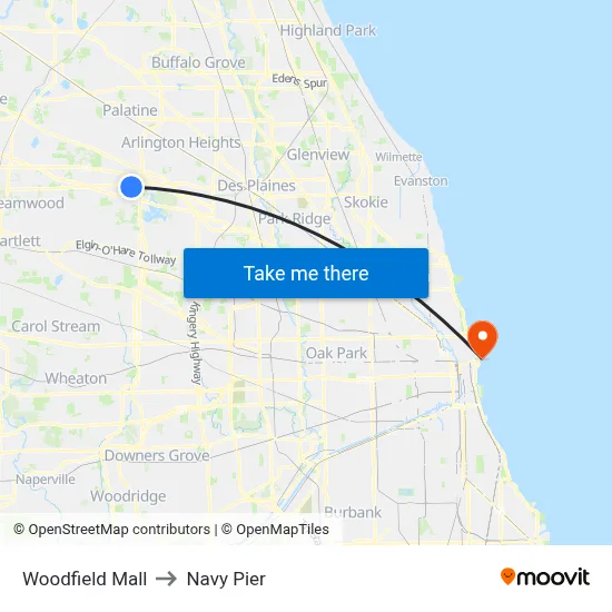 Woodfield Mall to Navy Pier map