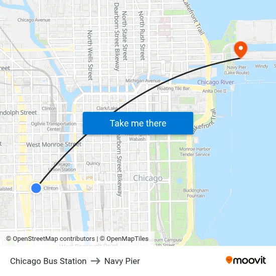 Chicago Bus Station to Navy Pier map