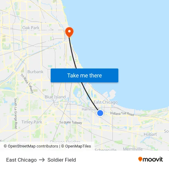 East Chicago to Soldier Field map