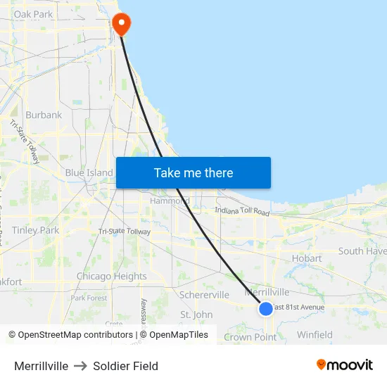 Merrillville to Soldier Field map