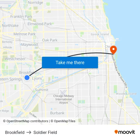 Brookfield to Soldier Field map