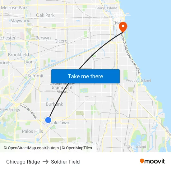 Chicago Ridge to Soldier Field map