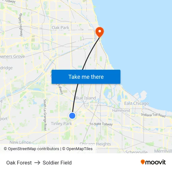 Oak Forest to Soldier Field map