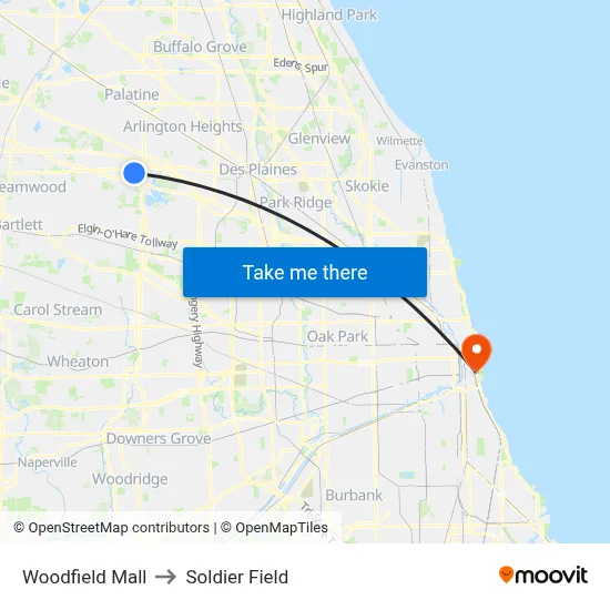 Woodfield Mall to Soldier Field map