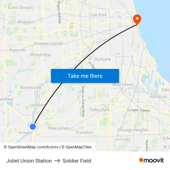 Joliet Union Station to Soldier Field map