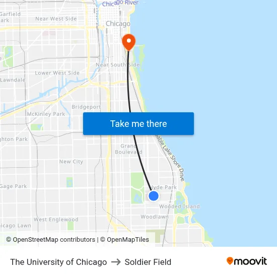 The University of Chicago to Soldier Field map