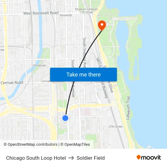 Chicago South Loop Hotel to Soldier Field map