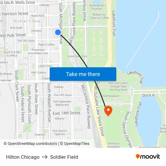 Hilton Chicago to Soldier Field map