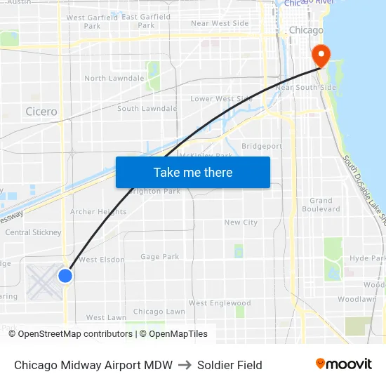Chicago Midway Airport MDW to Soldier Field map