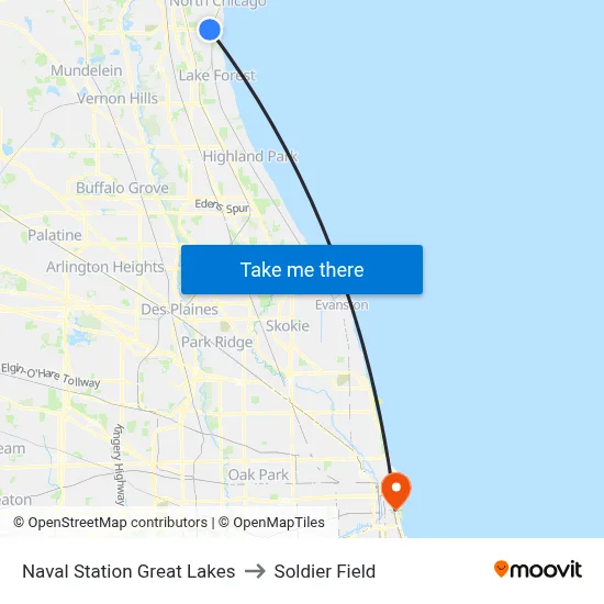 Naval Station Great Lakes to Soldier Field map