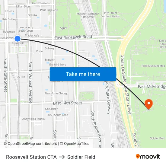 Roosevelt Station CTA to Soldier Field map