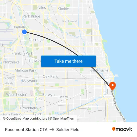 Rosemont Station CTA to Soldier Field map