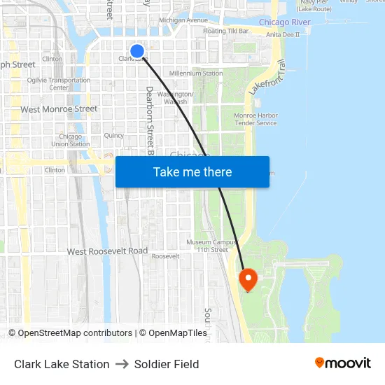 Clark Lake Station to Soldier Field map