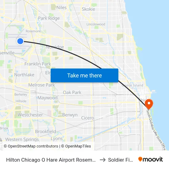 Hilton Chicago O Hare Airport Rosemont to Soldier Field map
