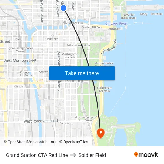 Grand Station CTA Red Line to Soldier Field map