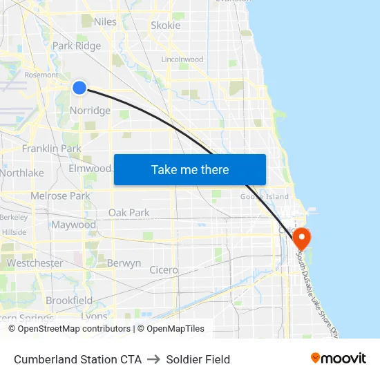 Cumberland Station CTA to Soldier Field map