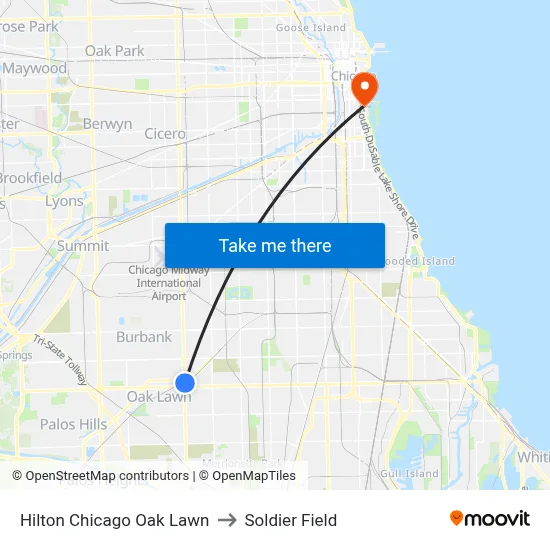 Hilton Chicago Oak Lawn to Soldier Field map