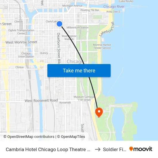 Cambria Hotel Chicago Loop Theatre District to Soldier Field map