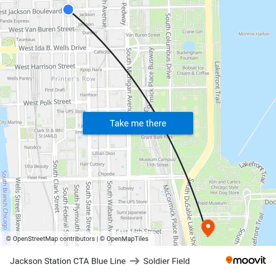Jackson Station CTA Blue Line to Soldier Field map