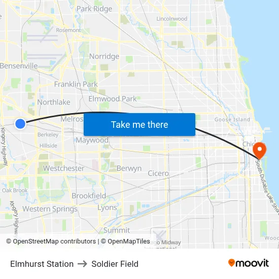 Elmhurst Station to Soldier Field map