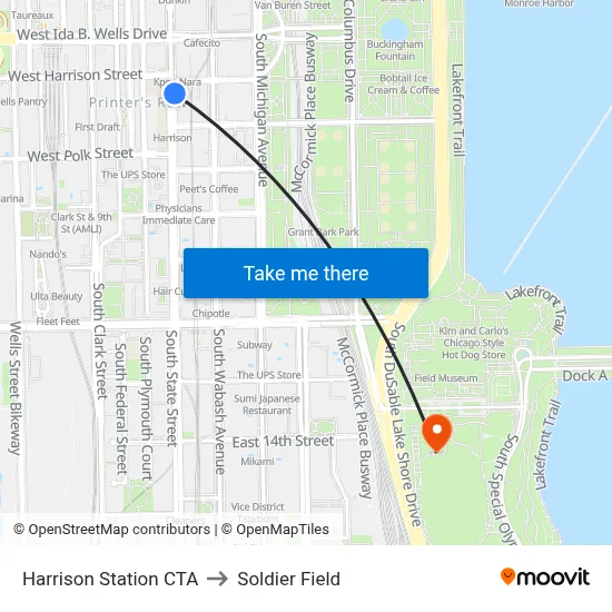 Harrison Station CTA to Soldier Field map