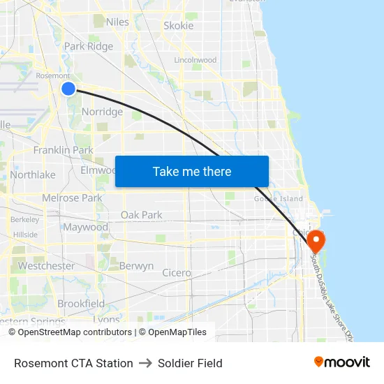 Rosemont CTA Station to Soldier Field map