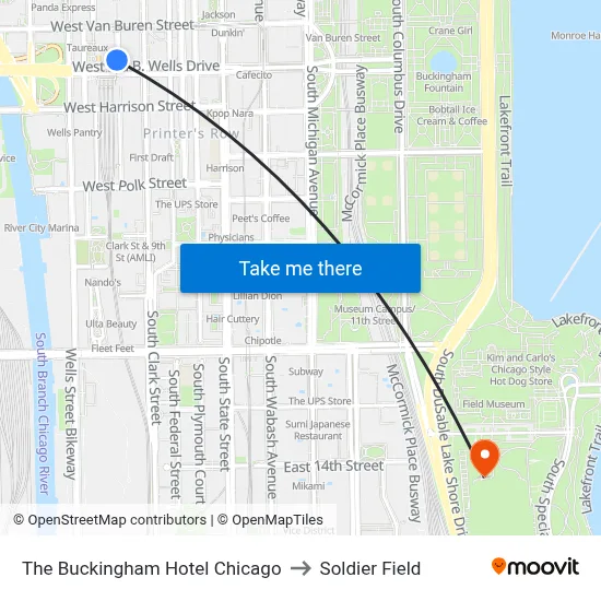 The Buckingham Hotel Chicago to Soldier Field map