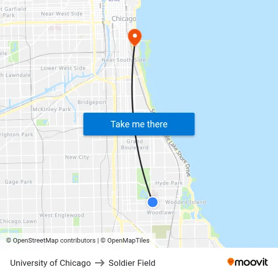 University of Chicago to Soldier Field map