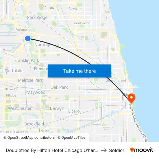 Doubletree By Hilton Hotel Chicago O'hare Airport - Rosemont to Soldier Field map