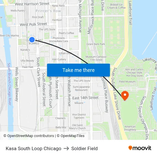 Kasa South Loop Chicago to Soldier Field map