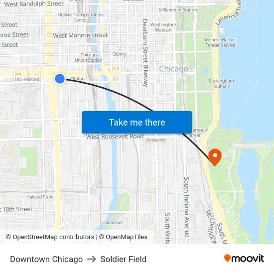 Downtown Chicago to Soldier Field map