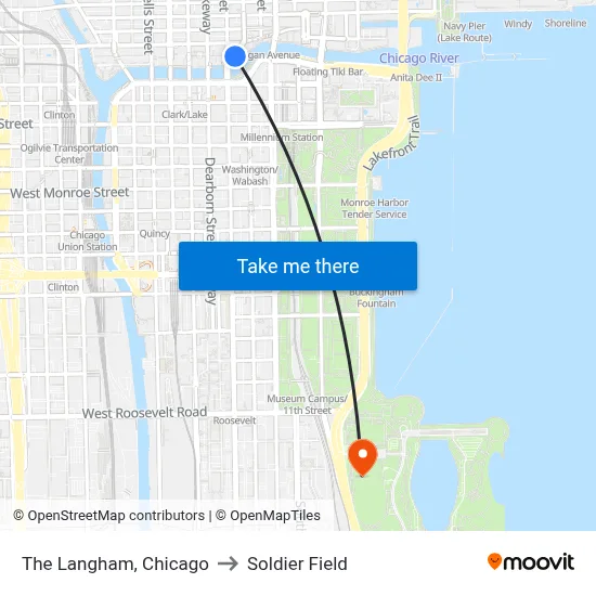 The Langham, Chicago to Soldier Field map