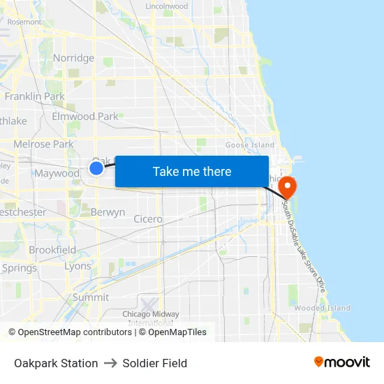 Oakpark Station to Soldier Field map