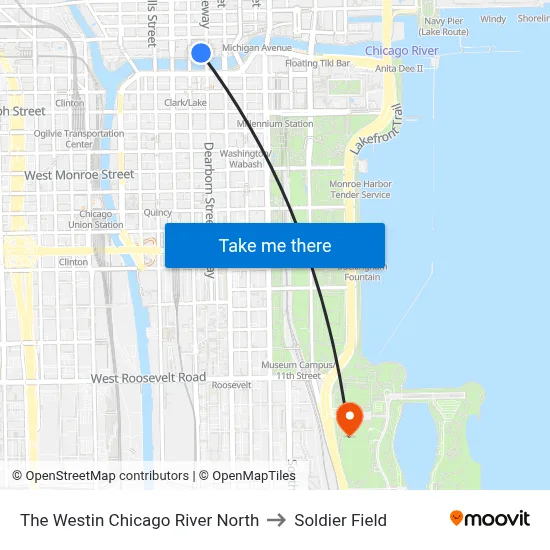 The Westin Chicago River North to Soldier Field map