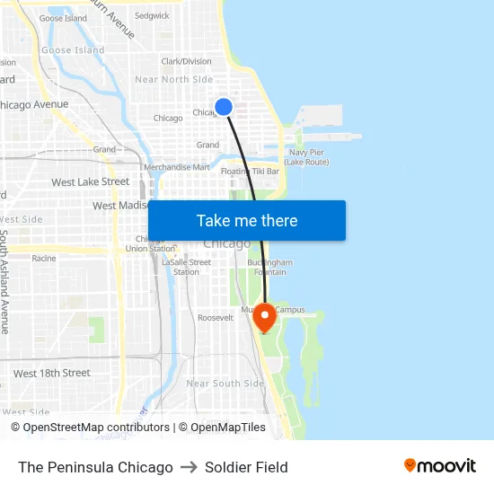The Peninsula Chicago to Soldier Field map