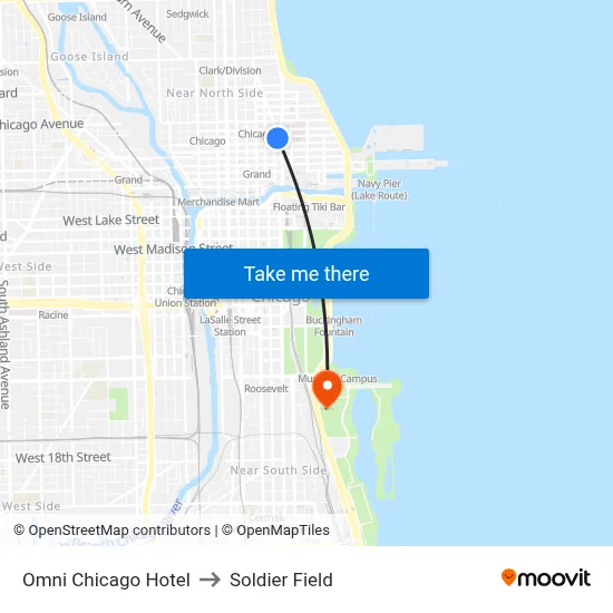 Omni Chicago Hotel to Soldier Field map