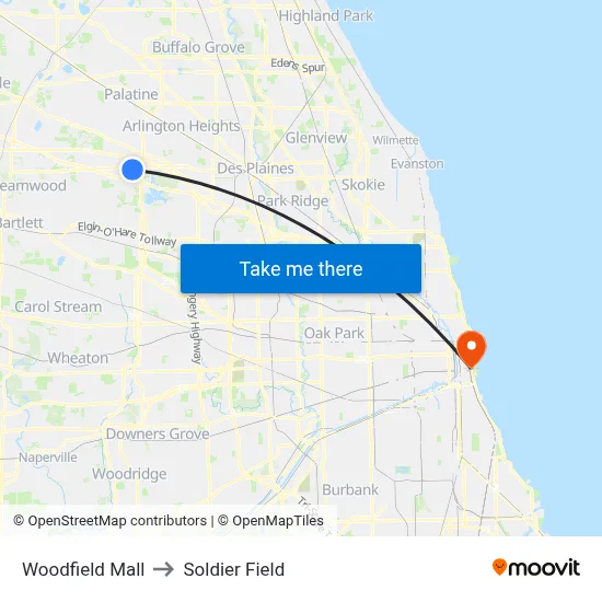 Woodfield Mall to Soldier Field map