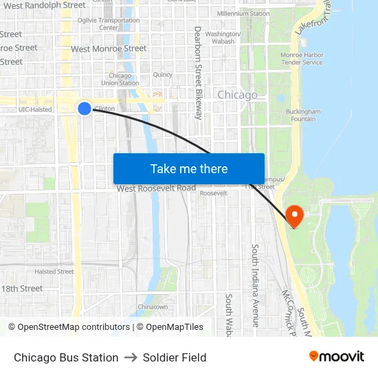 Chicago Bus Station to Soldier Field map
