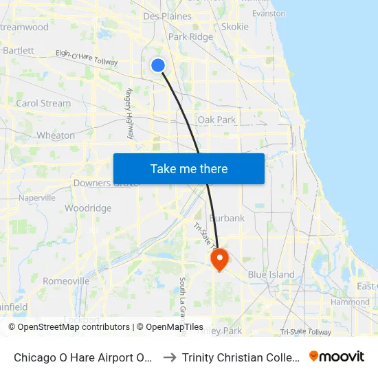 Chicago O Hare Airport ORD to Trinity Christian College map