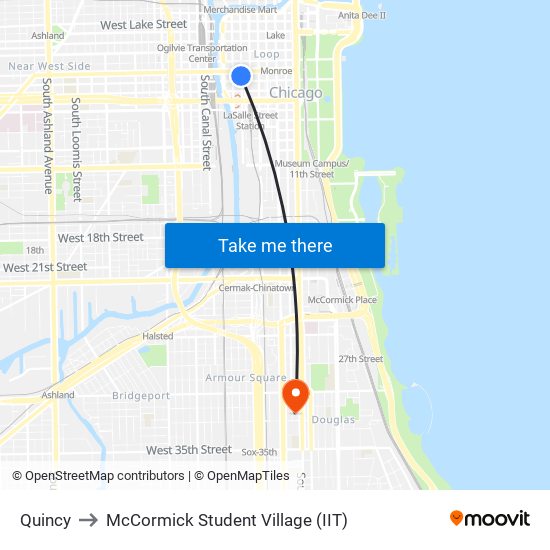 Quincy to McCormick Student Village (IIT) map