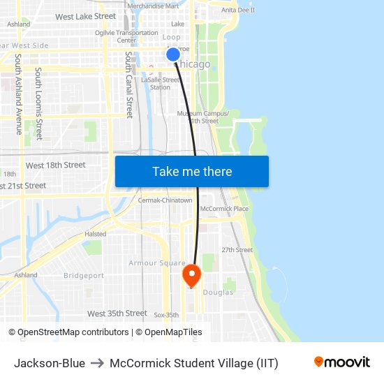 Jackson-Blue to McCormick Student Village (IIT) map
